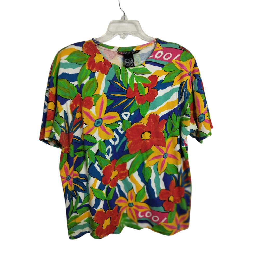 4962)Vtg 90s IB Diffusion Tropical Multicolor Floral Short Sleeve Festival Top L